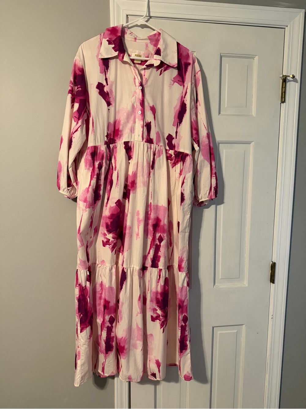 Maeve Anthropologie Women's Pink Watercolor Tiered Button-Front Dress
